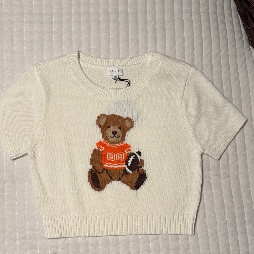 Football Cream Knit Sweater with Teddy Bear Design